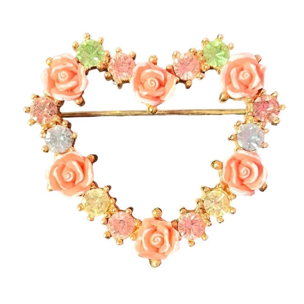 Avon JJJ Multi-Color Rhinestone Rose Heart Gold Tone Brooch